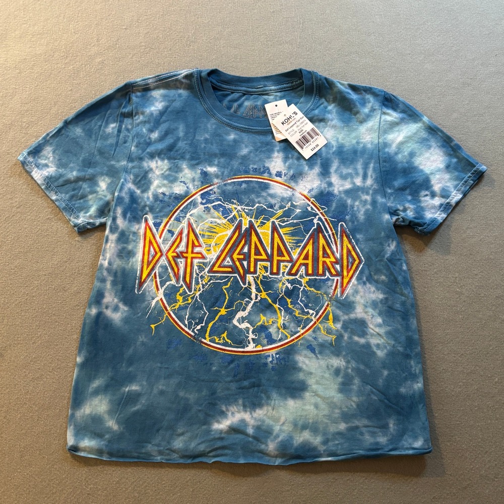 NWT Def Leppard Tye Dye Graphic T-Shirt Womens M Blue Rock Band Crop NWOBHM